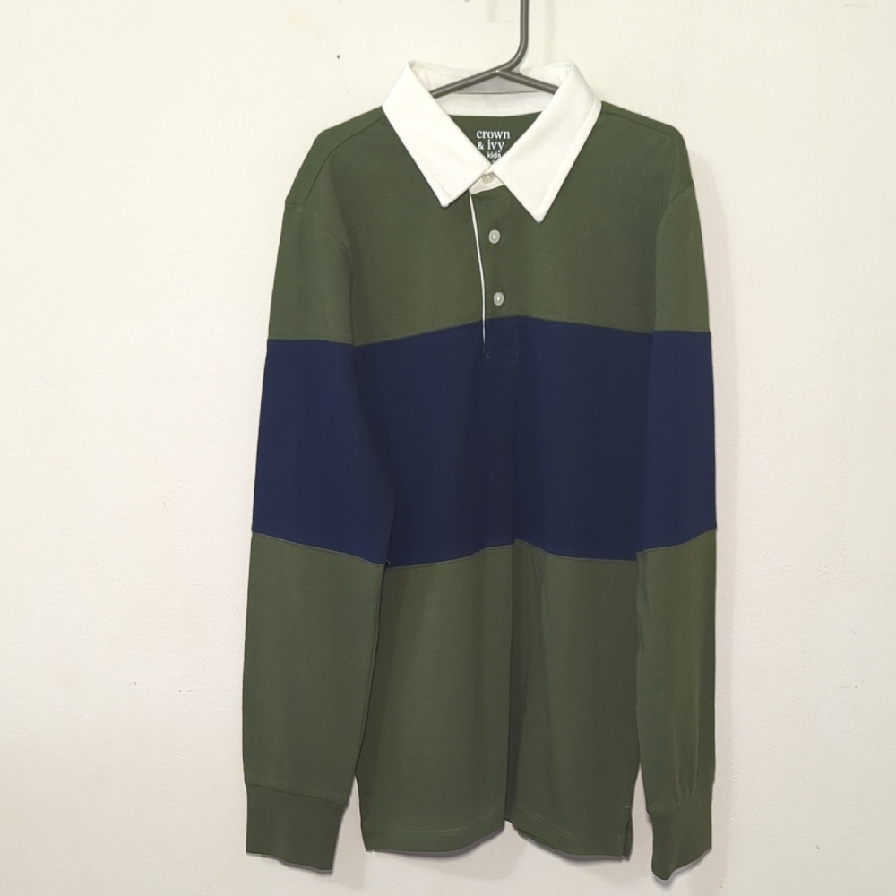 Crown & Ivy Striped Rugby Polo Shirt Green Blue White Collar NEW Boys Size M